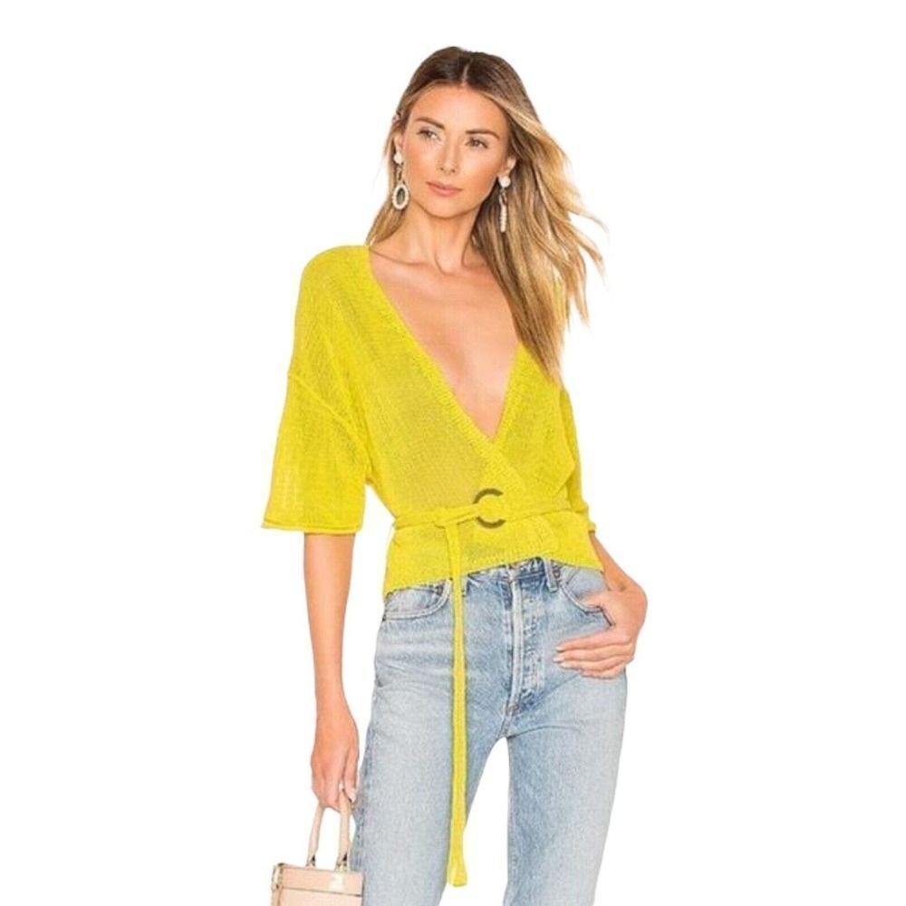 FREE PEOPLE Women's Oh Hello Wrap Front Knit Cropped Cardigan Yellow Size Small